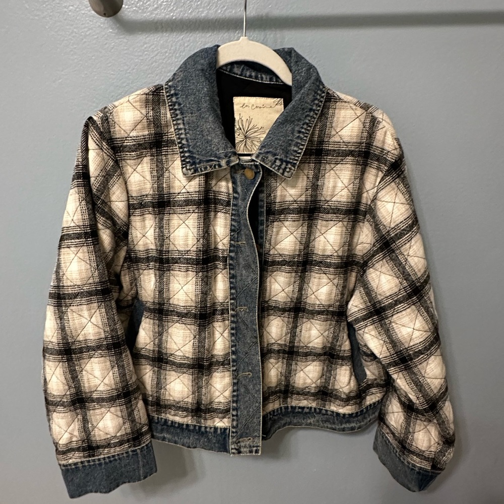 Plaid Quilted Denim Trim Jacket - Black and Cream